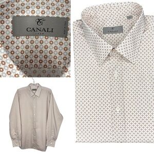 Canali Men's XXL White Brown Grey Patterned cotton Dress Shirt 17.5